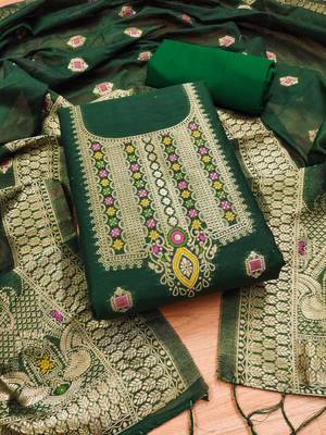 Green Chanderi Banarasi silk zari woven design dress material 3