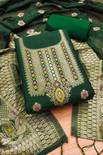 Green Chanderi Banarasi silk zari woven design dress material