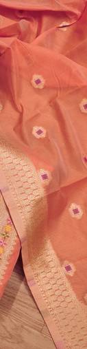 Peach Chanderi Banarasi silk zari woven design dress material