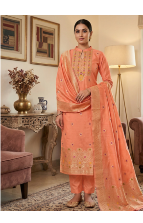 Peach Chanderi Banarasi silk zari woven design dress material 1
