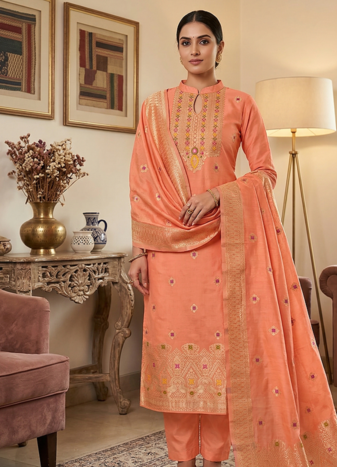 Peach Chanderi Banarasi silk zari woven design dress material