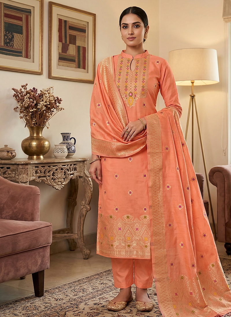 Peach Chanderi Banarasi silk zari woven design dress material