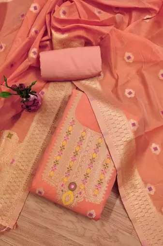 Peach Chanderi Banarasi silk zari woven design dress material