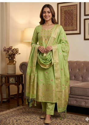 Pista Chanderi Banarasi silk zari woven design dress material 1