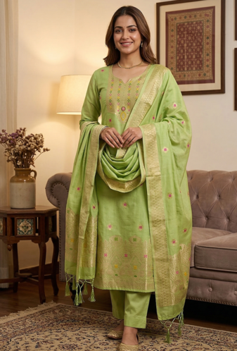 Pista Chanderi Banarasi silk zari woven design dress material