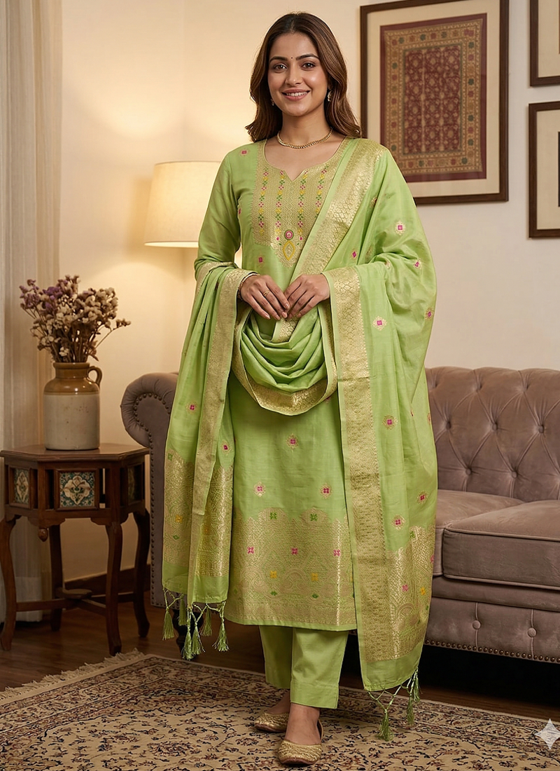 Pista Chanderi Banarasi silk zari woven design dress material