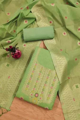 Pista Chanderi Banarasi silk zari woven design dress material