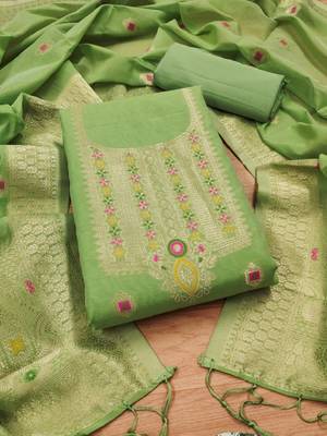 Pista Chanderi Banarasi silk zari woven design dress material 3