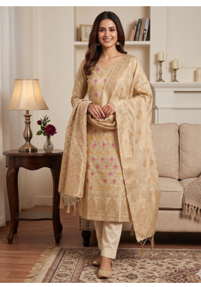 Cream Chanderi Banarasi silk zari woven design dress material 1