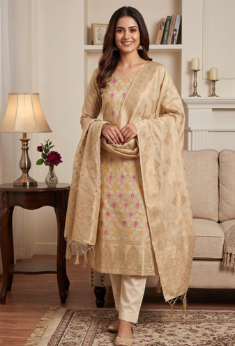Cream Chanderi Banarasi silk zari woven design dress material