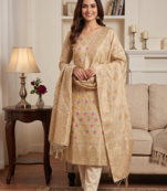 Cream Chanderi Banarasi silk zari woven design dress material