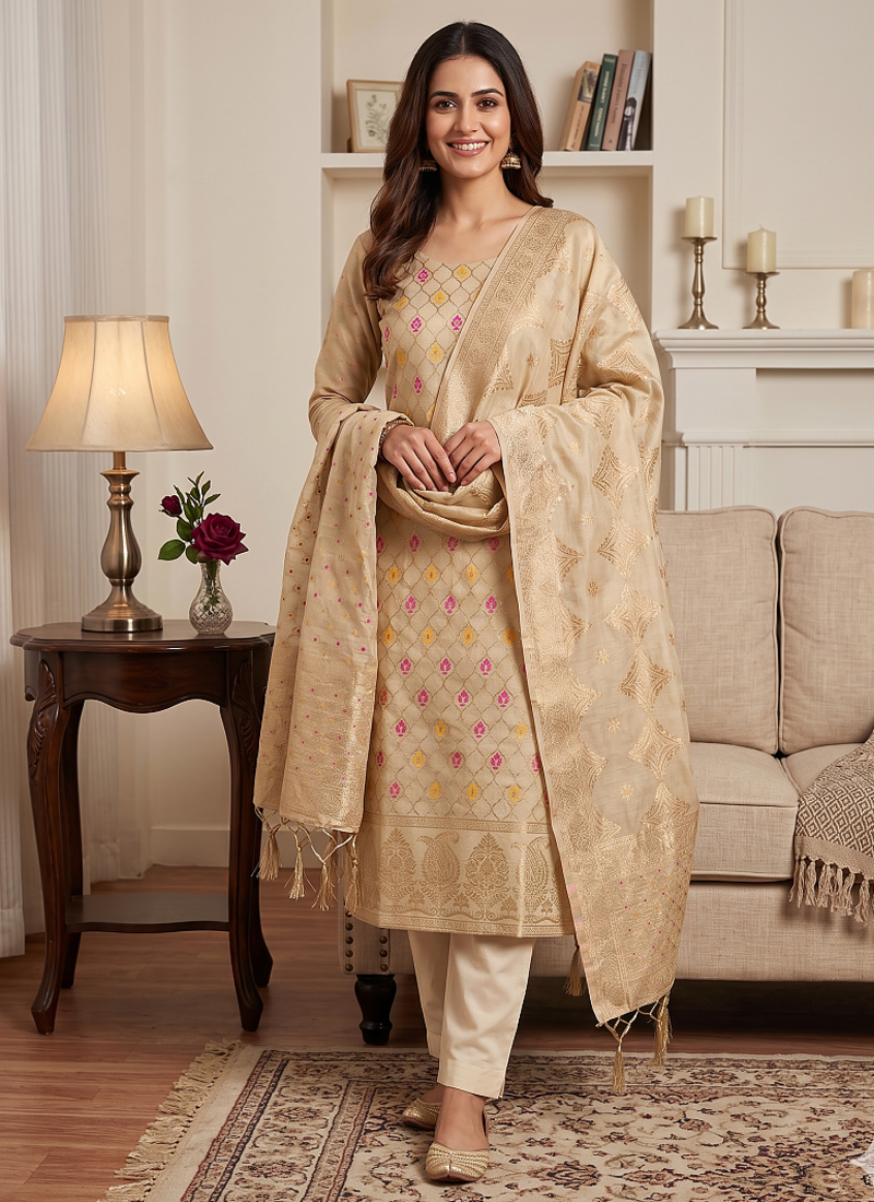 Cream Chanderi Banarasi silk zari woven design dress material