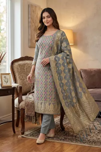 Grey Chanderi Banarasi silk zari woven design dress material
