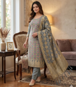 Grey Chanderi Banarasi silk zari woven design dress material