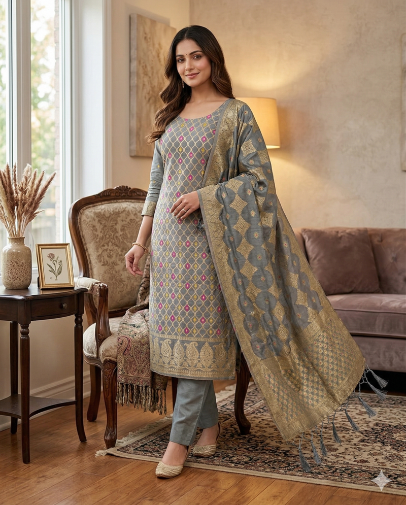 Grey Chanderi Banarasi silk zari woven design dress material