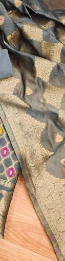 Grey Chanderi Banarasi silk zari woven design dress material
