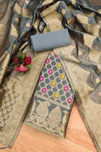 Grey Chanderi Banarasi silk zari woven design dress material