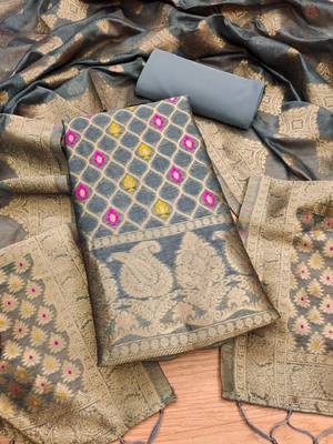 Grey Chanderi Banarasi silk zari woven design dress material 3