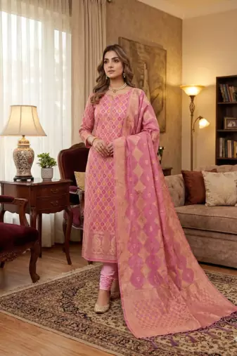 Pink Chanderi Banarasi silk zari woven design dress material