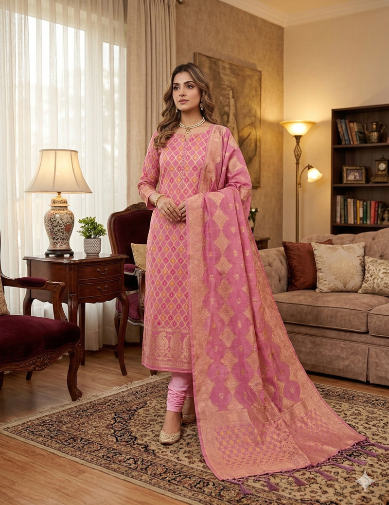Pink Chanderi Banarasi silk zari woven design dress material