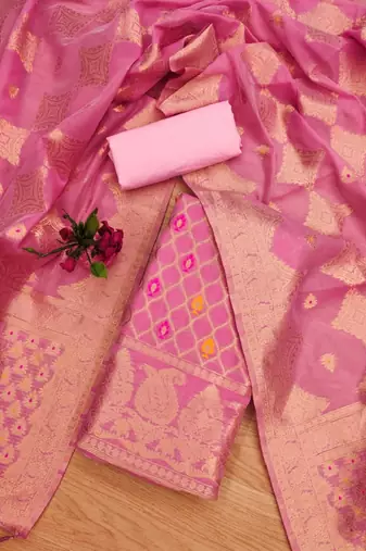 Pink Chanderi Banarasi silk zari woven design dress material