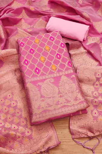 Pink Chanderi Banarasi silk zari woven design dress material