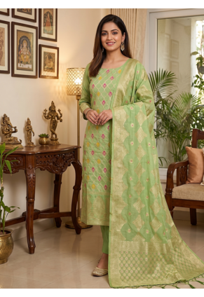 Pista Chanderi Banarasi silk zari woven design dress material 1