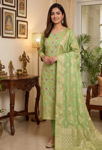 Pista Chanderi Banarasi silk zari woven design dress material