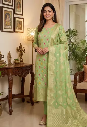 Pista Chanderi Banarasi silk zari woven design dress material