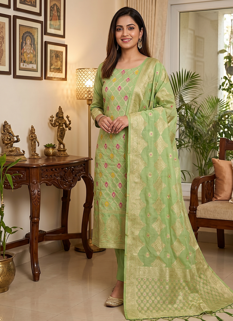 Pista Chanderi Banarasi silk zari woven design dress material
