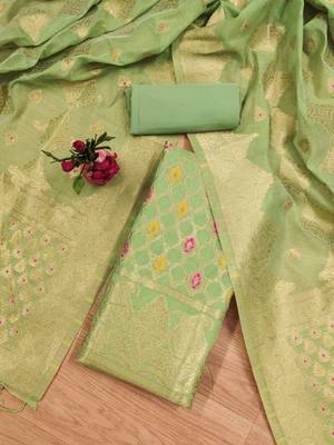Pista Chanderi Banarasi silk zari woven design dress material 2
