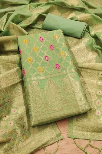 Pista Chanderi Banarasi silk zari woven design dress material