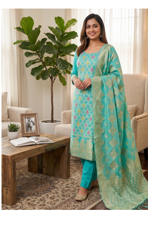 Seagreen Chanderi Banarasi silk zari woven design dress material 1