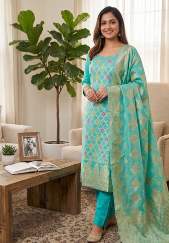 Seagreen Chanderi Banarasi silk zari woven design dress material