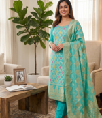 Seagreen Chanderi Banarasi silk zari woven design dress material