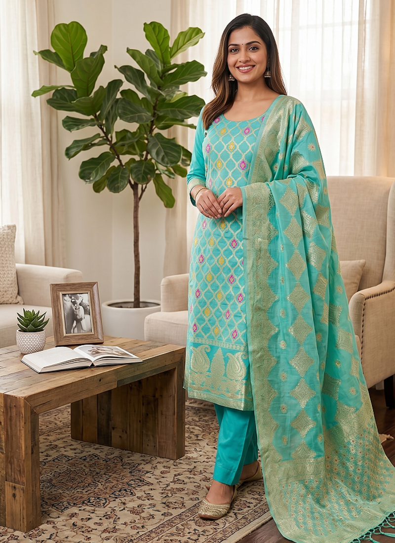 Seagreen Chanderi Banarasi silk zari woven design dress material