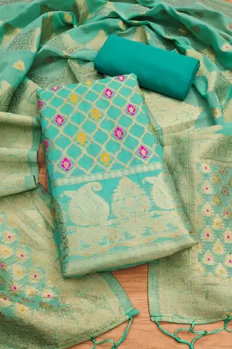 Seagreen Chanderi Banarasi silk zari woven design dress material