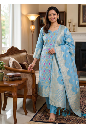 Skyblue Pure Chanderi Banarasi silk pure zari woven design dress material 1