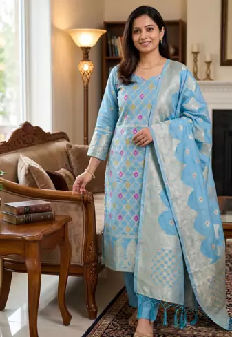 Skyblue Pure Chanderi Banarasi silk pure zari woven design dress material