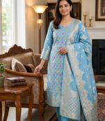 Skyblue Pure Chanderi Banarasi silk pure zari woven design dress material