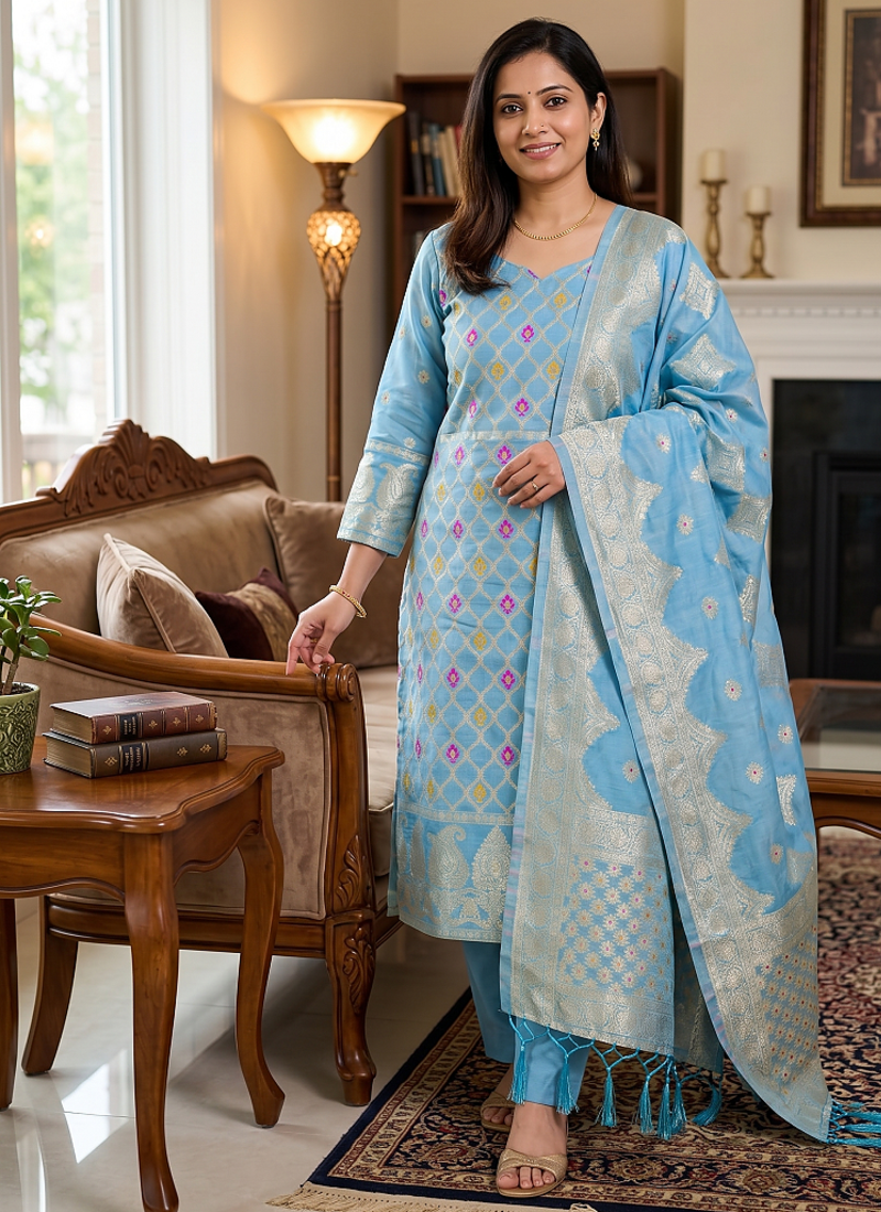 Skyblue Pure Chanderi Banarasi silk pure zari woven design dress material