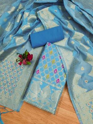 Skyblue Pure Chanderi Banarasi silk pure zari woven design dress material 2