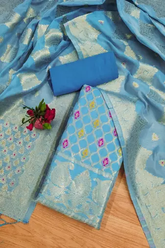 Skyblue Pure Chanderi Banarasi silk pure zari woven design dress material