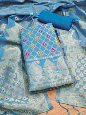 Skyblue Pure Chanderi Banarasi silk pure zari woven design dress material 3