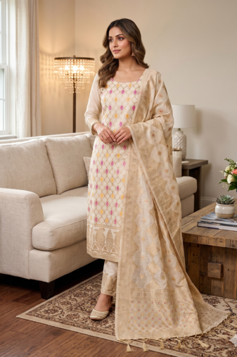 White Chanderi Banarasi silk zari woven design dress material