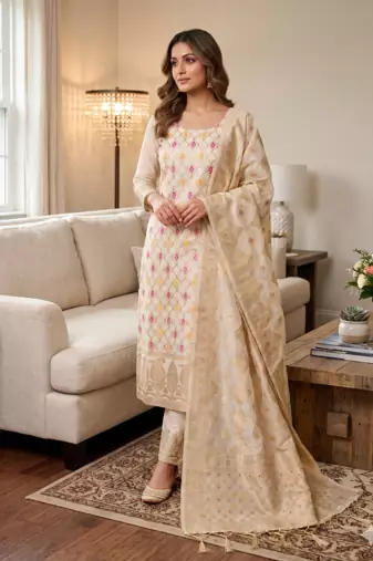 White Chanderi Banarasi silk zari woven design dress material