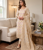 White Chanderi Banarasi silk zari woven design dress material