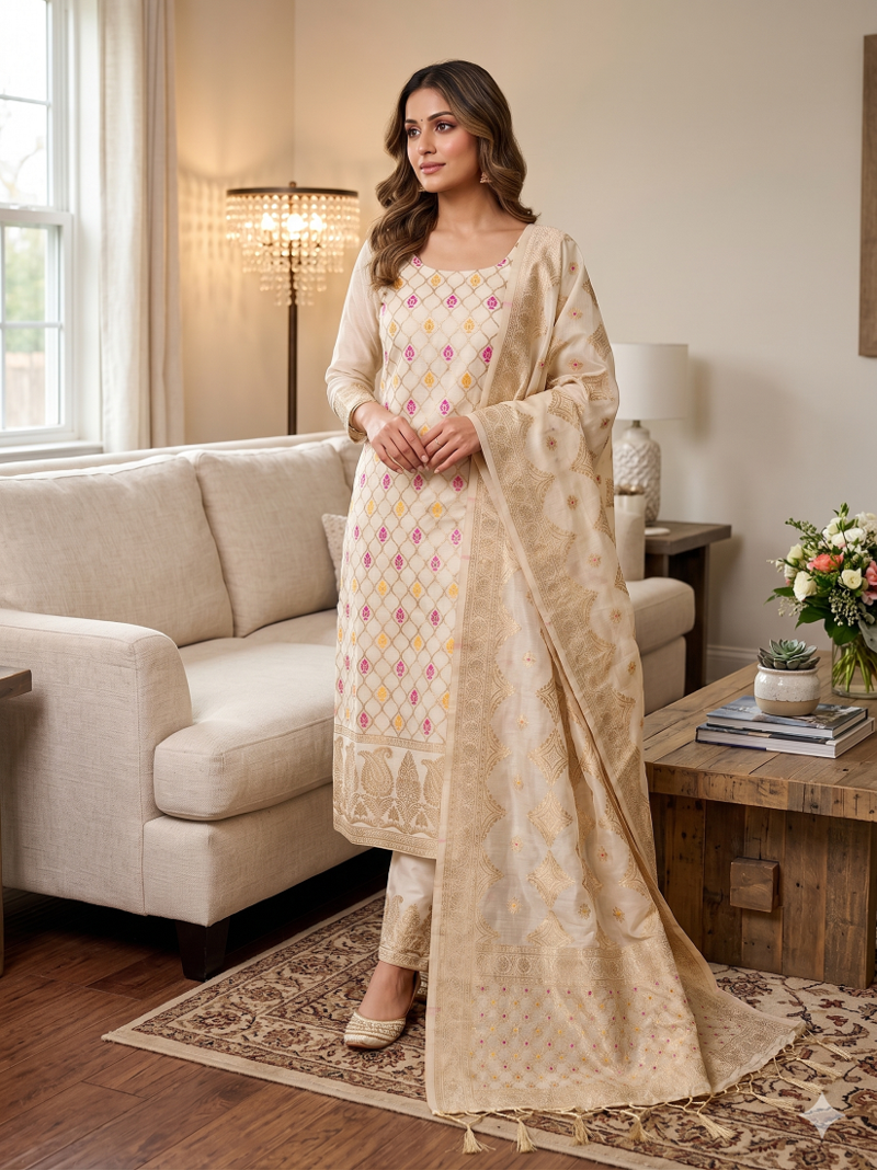 White Chanderi Banarasi silk zari woven design dress material