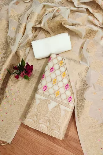White Chanderi Banarasi silk zari woven design dress material