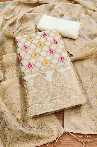 White Chanderi Banarasi silk zari woven design dress material